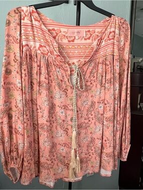 Scandal Italy  Peach Floral Boho Peasant Top L EUC